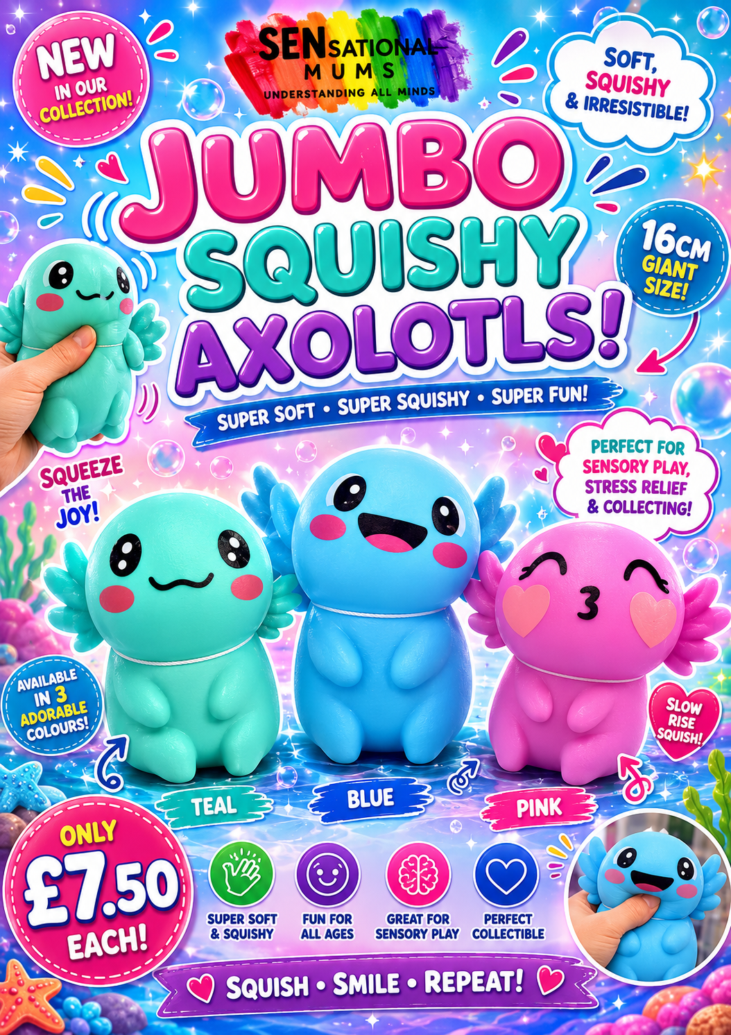 Jumbo squishy axolotl foam/dough filled