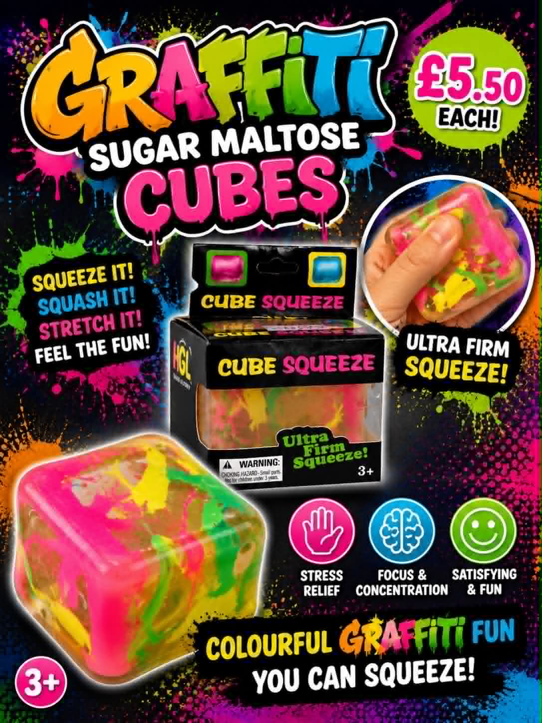 Graffiti squish cubes brightly coloured fidget toy
