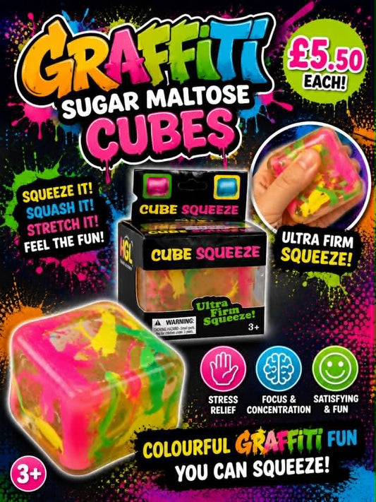 Graffiti squish cubes brightly coloured fidget toy