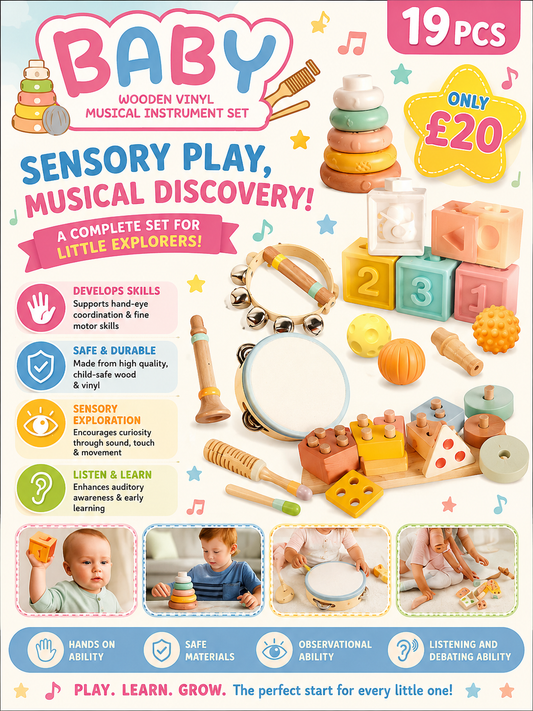 19 pieces wooden/vinyl baby sensory musical set