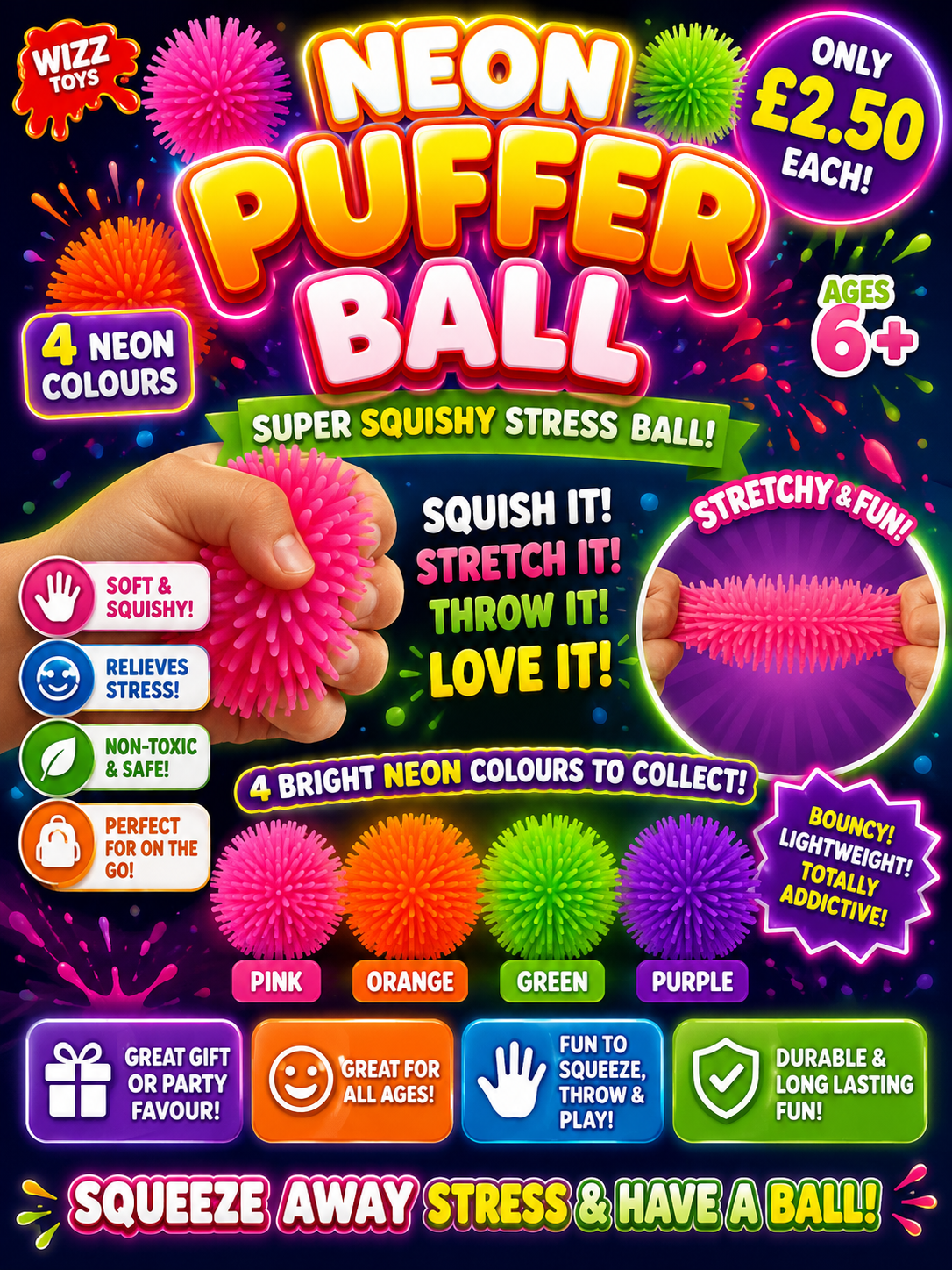 Neon puffer ball squishy fidget toy